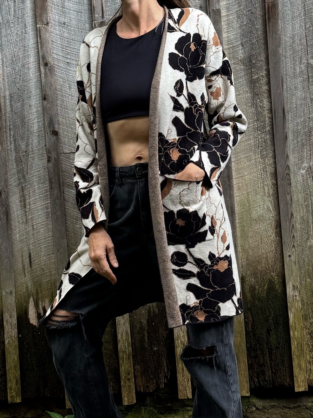 Carolyn Taylor Cream Floral Open-Front Cardigan with Black & Brown Accents